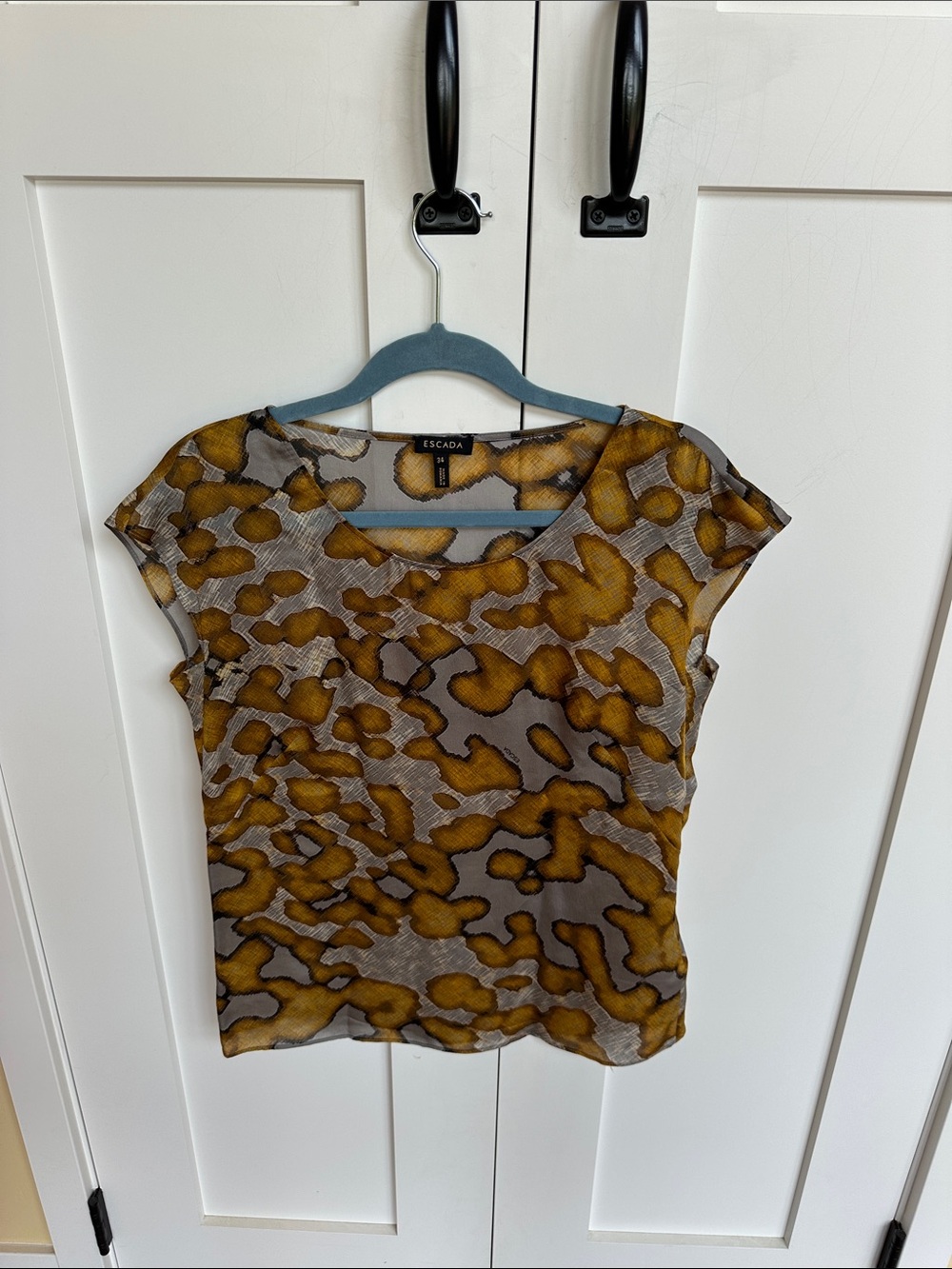 Escada Yellow Gold & Taupe Animal Print Cap Sleeve Blouse